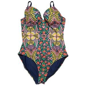 Boden One Piece Swimsuit 38D Floral Sweetheart Neckline Navy Pink